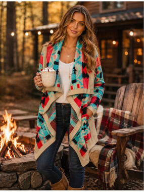 Kate Collection Southwestern Aztec Open Front Waterfall Cardigan Medium